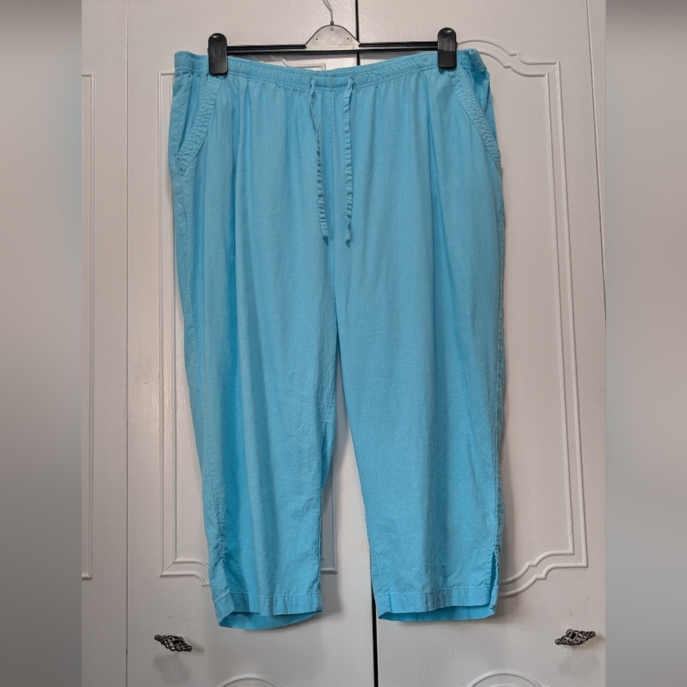 Cathy Daniels Sky Blue Capris Relaxed Fit Linen Blend, Elastic Waisted Size 2x